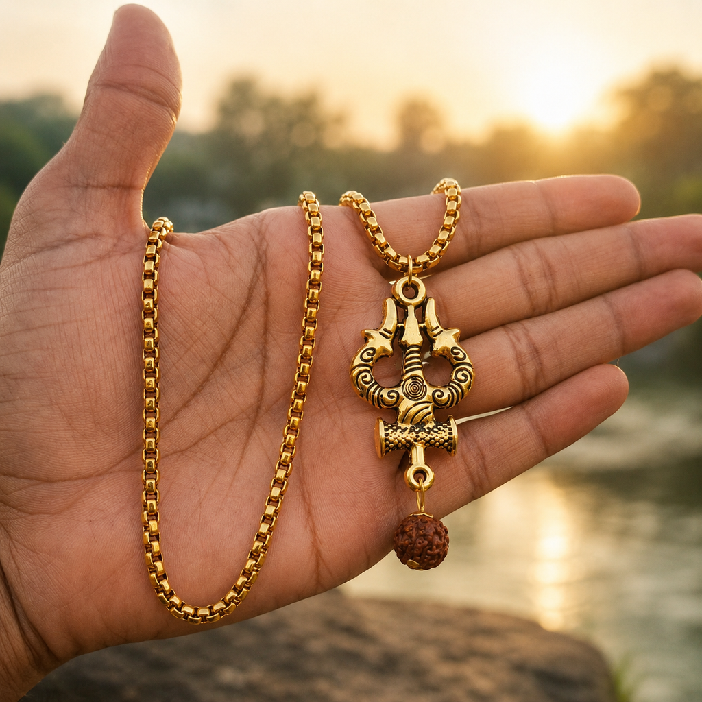 Gold Plated Trisul Pendant With Chain