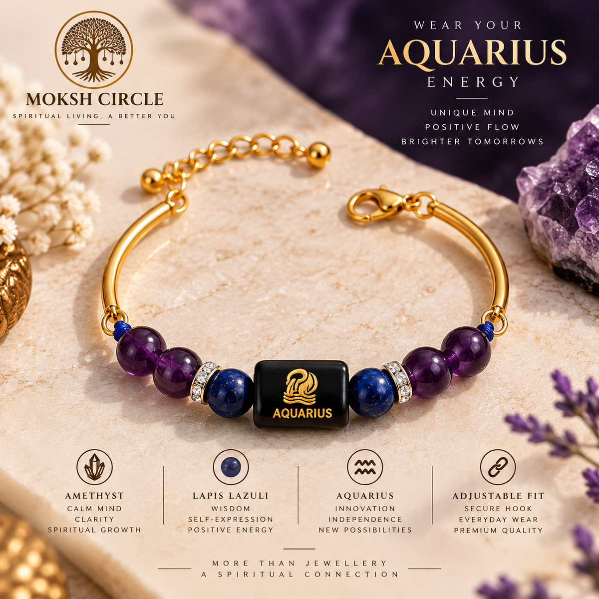 Aquarius Zodiac (कुंभ राशि) Crystal Bracelet – Golden Finish