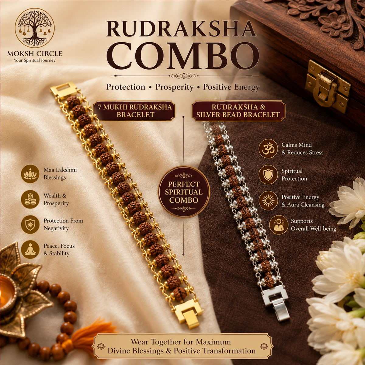 Gold Plated Rudraksha Bracelet And Silver Plated Modern Rudraksha Bracelet Combo