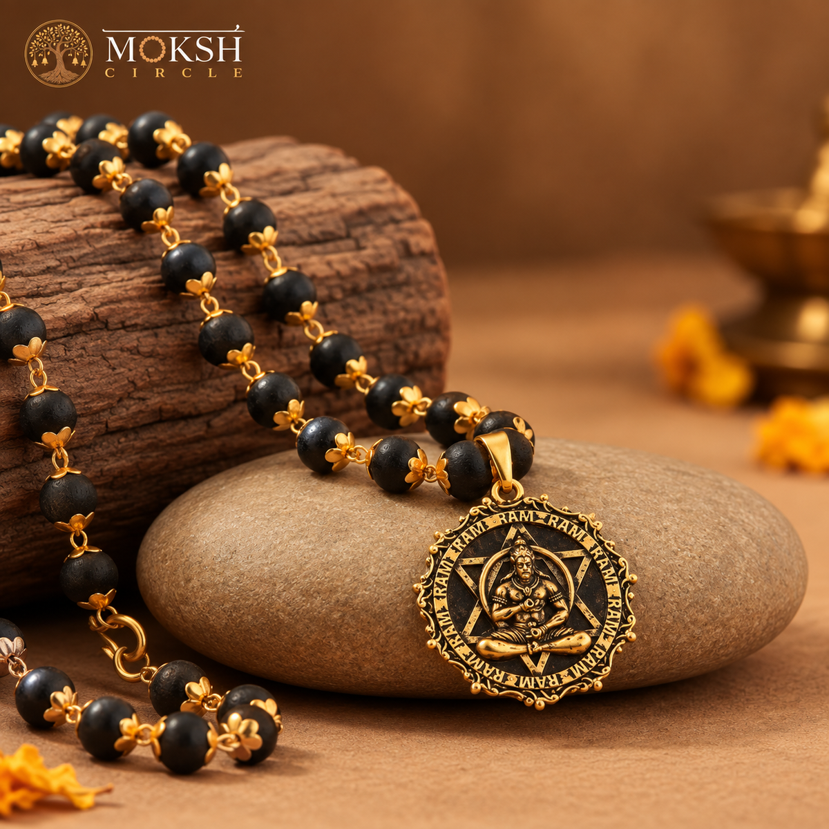 Ram Naam Hanuman Karungali Necklace – Gold Edition