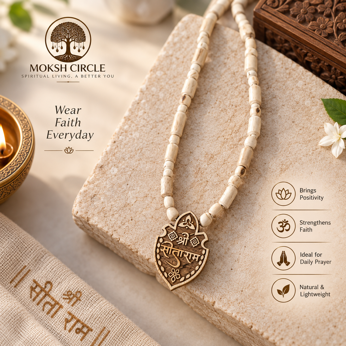 Shree Sita Ram Tulsi Mala with Wooden Pendant
