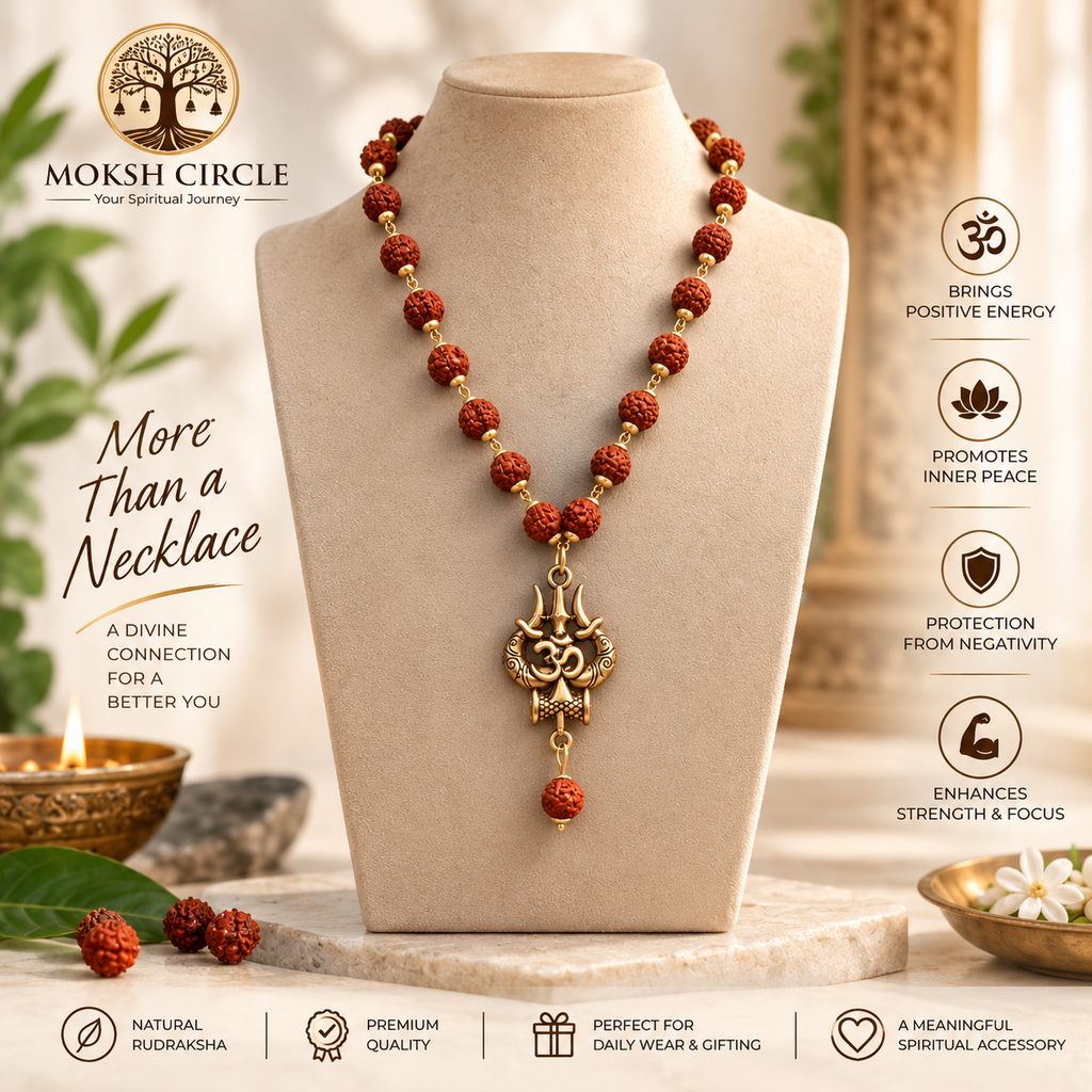 Gold Plated Rudraksha OM Shiva Trishool Necklace