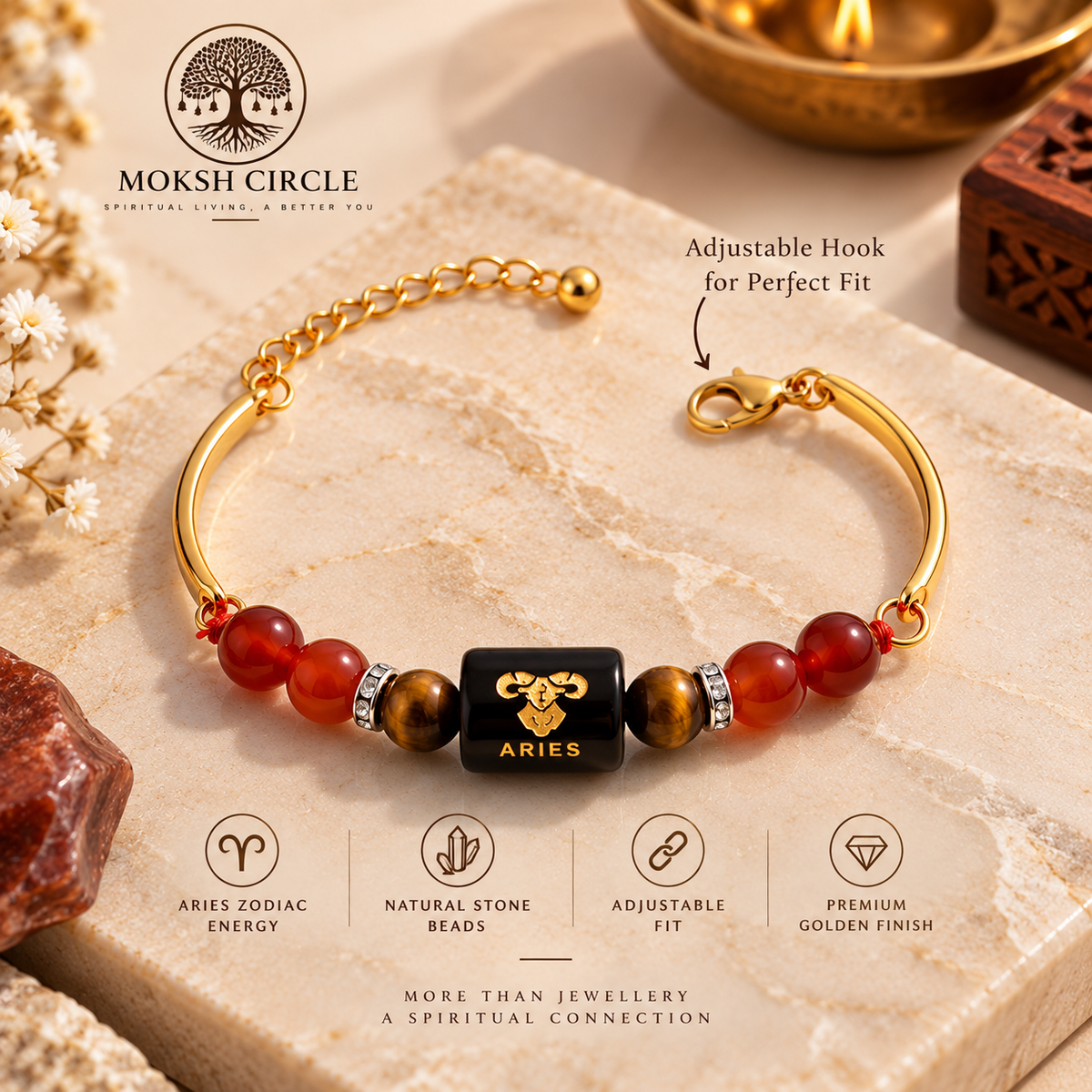 Aries Zodiac (मेष राशि) Crystal Bracelet – Golden Finish