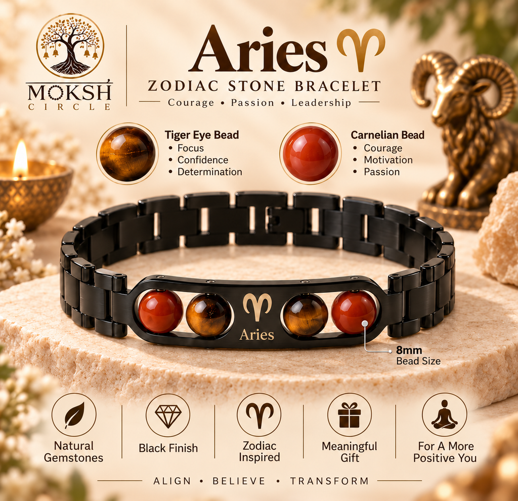 Aries (मेष राशि) Gemstone Bracelet – Premium Black Finish