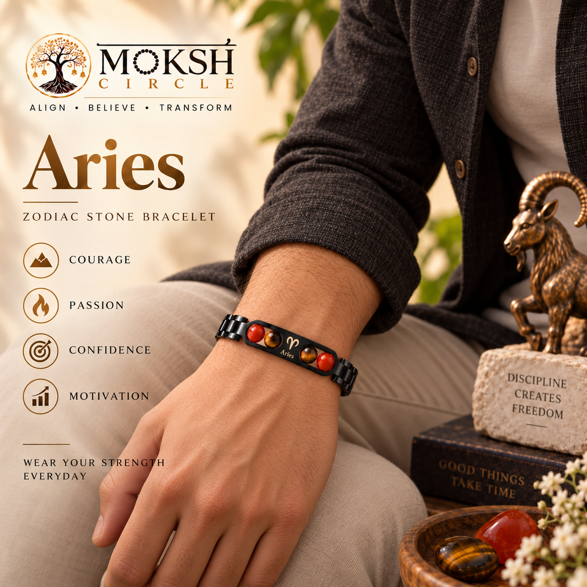 Aries (मेष राशि) Gemstone Bracelet – Premium Black Finish