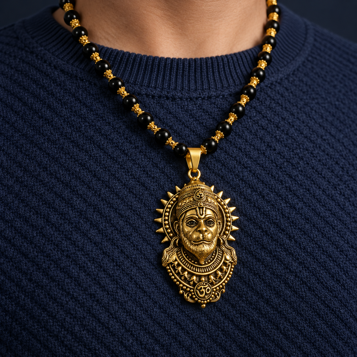 Gold Plated Hanuman Pendant With Karungali Mala