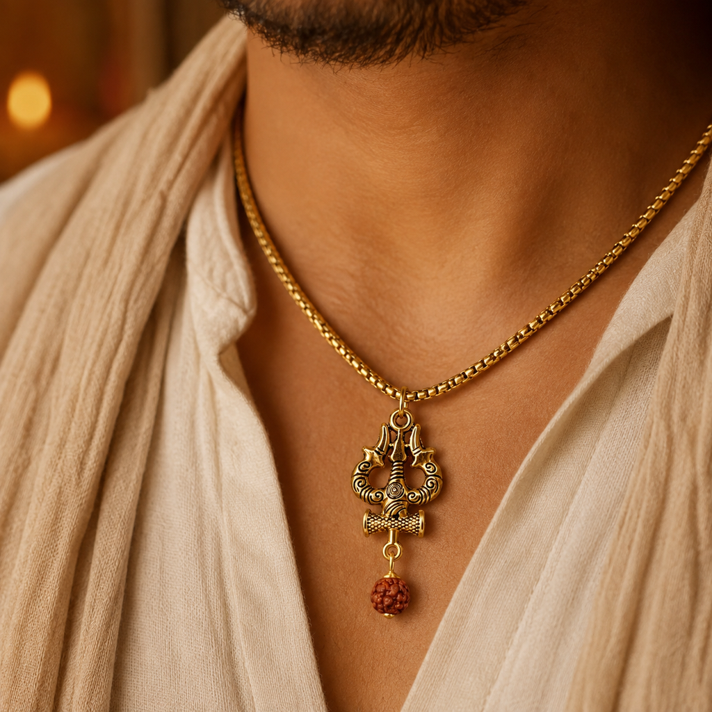 Gold Plated Trisul Pendant With Chain