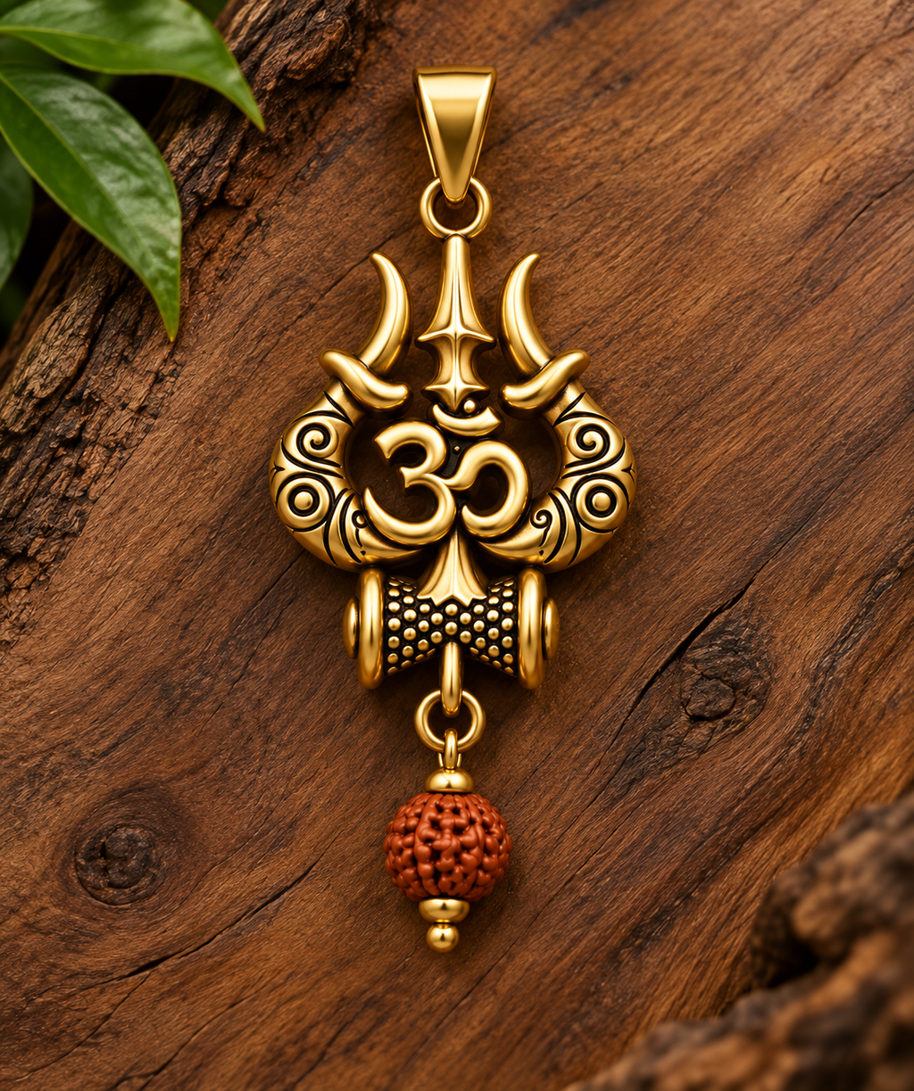 Gold Plated Rudraksha OM Shiva Trishool Necklace
