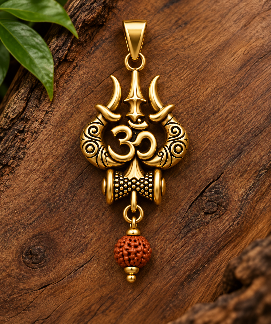 Gold Plated Rudraksha OM Shiva Trishool Necklace