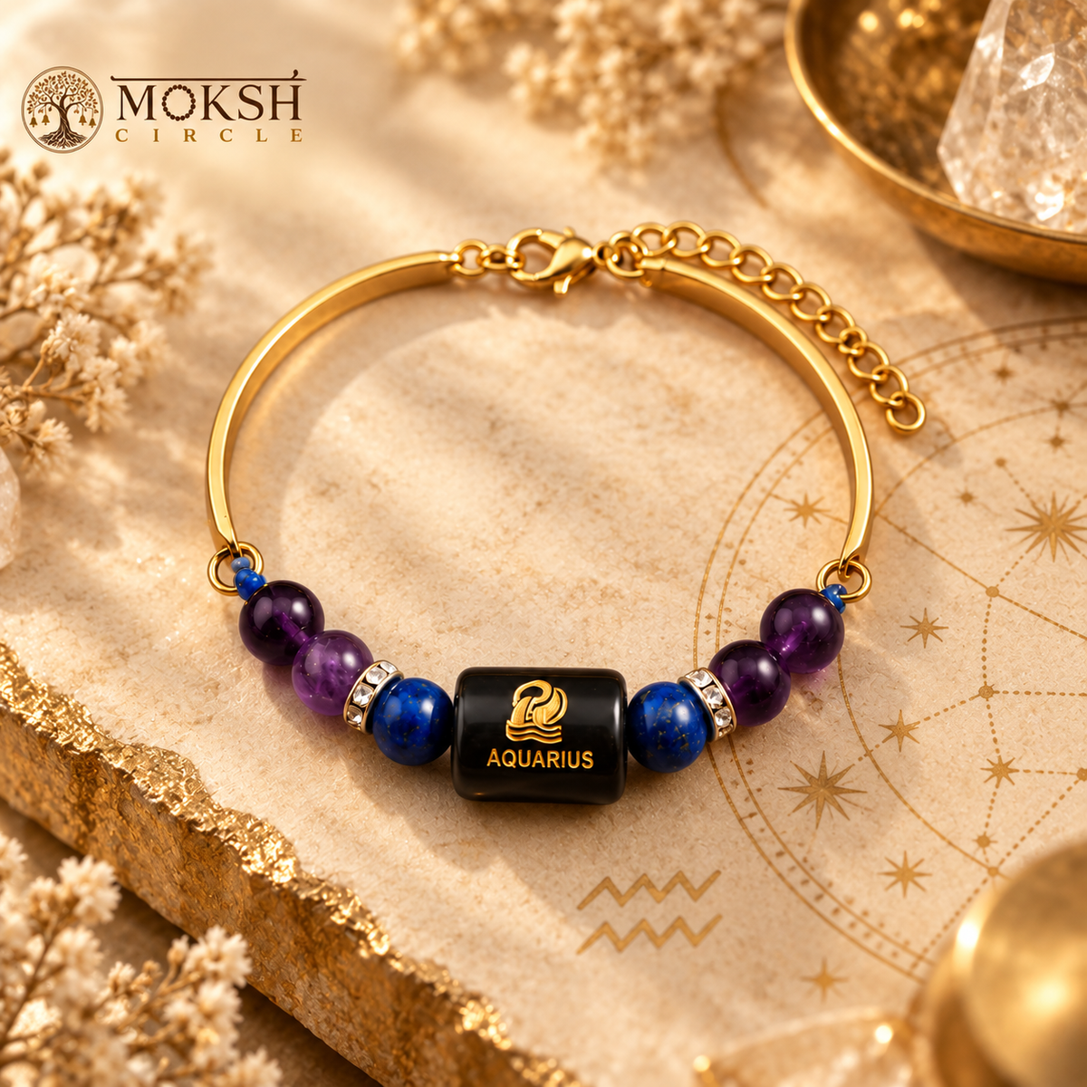 Aquarius Zodiac (कुंभ राशि) Crystal Bracelet – Golden Finish