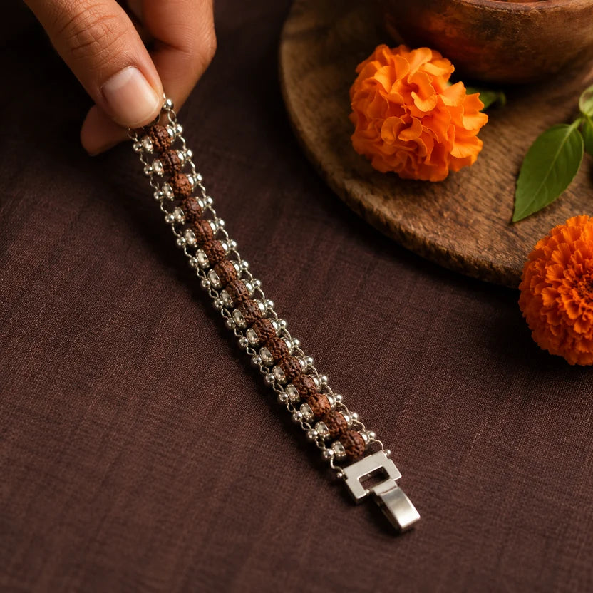 Silver Plated Rudraksha Karungali Mala And Silver Plated Modern Rudraksha Bracelet Combo