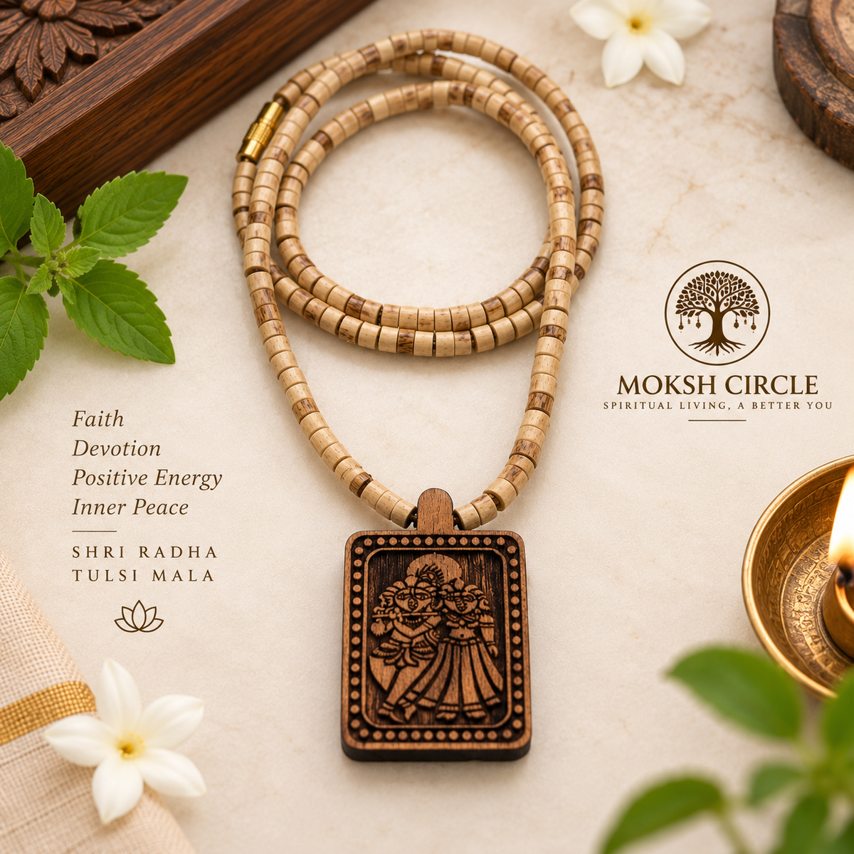 Shree Radha Krishna Tulsi Mala with Carved Pendant